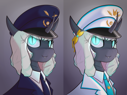 Size: 2964x2215 | Tagged: safe, artist:floppochkin, oc, oc only, oc:queen exavia, butterfly, changeling, changeling queen, equestria at war mod, admiral, blue eyes, bust, cap, changeling oc, clothes, digital art, fangs, female, gradient background, hat, high res, horn, looking at you, military, military uniform, necktie, new characters for equestria at war, new characters for equestria at war mod, peaked cap, pin, portrait, smiling, smiling at you, solo, uniform, uniform hat, white mane