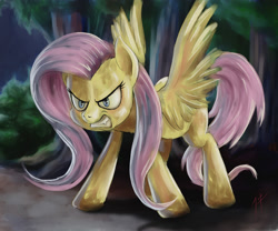 Size: 2100x1750 | Tagged: safe, artist:zetamad, fluttershy, pegasus, pony, g4, angry, female, forest, gritted teeth, mare, nature, outdoors, solo, spread wings, teeth, tree, wings