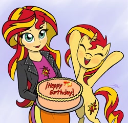 Size: 1800x1727 | Tagged: safe, artist:zetamad, sunset shimmer, human, pony, unicorn, equestria girls, g4, birthday cake, blushing, cake, cute, duo, duo female, eyes closed, female, food, happy, happy birthday, horn, human ponidox, mare, open mouth, open smile, self paradox, self ponidox, shimmerbetes, smiling