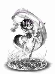 Size: 3800x5200 | Tagged: safe, artist:zetamad, starlight glimmer, pony, unicorn, g4, bag, butt, chest fluff, cute, female, flying, grayscale, horn, looking at something, magic, magic circle, mare, monochrome, plot, saddle bag, scroll, simple background, smiling, solo, staff, staff of sameness, unshorn fetlocks, white background