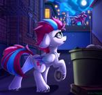 Size: 2536x2364 | Tagged: safe, artist:yuris, mare do well, zipp storm, pegasus, pony, g4, g5, alley, brick wall, butt, city, cityscape, commission, dock, fanfic art, featureless crotch, female, floppy ears, frog (hoof), looking up, moon, night, open mouth, outdoors, perspective, plot, solo, stairs, street, tail, trash, trash can, underhoof, unshorn fetlocks, wall