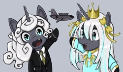 Size: 2769x1620 | Tagged: safe, artist:vel, oc, oc only, oc:kitu elder, oc:queen exavia, butterfly, changeling, changeling queen, equestria at war mod, blue eyes, bowtie, changeling oc, clothes, crown, digital art, duo, equestria at war memes, equestria at war mod memes, fangs, female, high res, horn, jewelry, looking at camera, looking at you, meme, military, military uniform, monarch, necktie, open mouth, raised hoof, regalia, royalty, simple background, smiling, smiling at you, uniform, white mane