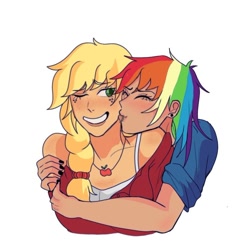 Size: 848x847 | Tagged: safe, artist:ssuminv, applejack, rainbow dash, human, g4, blushing, cheek kiss, clothes, duo, duo female, ear piercing, earring, eyebrows, eyebrows visible through hair, eyes closed, female, freckles, hug, humanized, jewelry, kissing, lesbian, lip piercing, necklace, one eye closed, piercing, ship:appledash, shipping, simple background, white background