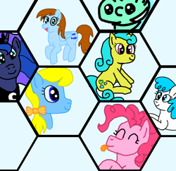 Size: 854x828 | Tagged: safe, artist:jakusi, apple cider (g4), blue buck, deep blue, lemon hearts, lightning bolt, lyra heartstrings, pinkie pie, princess luna, white lightning, alicorn, earth pony, pegasus, pony, unicorn, g4, :p, apple cider, apple family member, background pony, bow, bust, eyes closed, female, hair bow, happy, horn, mare, numget, portrait, sitting, smiling, tongue out