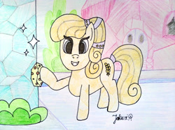 Size: 4032x3016 | Tagged: safe, artist:jakusi, golden wheat, crystal pony, pony, g4, background pony, cleaning, crystal empire, female, hairband, looking at you, mare, outdoors, signature, smiling, solo, sparkles, sponge, tail, tail wrap, traditional art