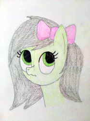 Size: 3016x4032 | Tagged: safe, artist:jakusi, oc, oc:filly anon, earth pony, pony, bow, bust, cute, female, filly, foal, hair bow, looking away, mare, portrait, scrunchy face, solo, traditional art