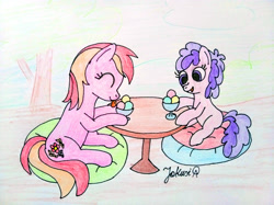 Size: 4032x3016 | Tagged: safe, artist:jakusi, autumn fields, plumberry, earth pony, pony, g4, background pony, duo, eating, eyes closed, female, filly, foal, food, happy, ice cream, licking, mare, pillow, signature, sitting, table, tongue out, traditional art