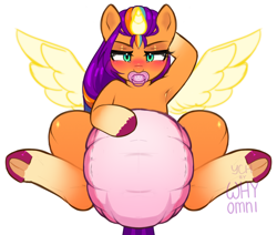 Size: 2832x2400 | Tagged: safe, artist:whyomnichan, sunny starscout, alicorn, pony, g5, armpits, blushing, diaper, diaper fetish, diapered, female, fetish, horn, horseshoes, looking at you, mare, non-baby in diaper, pacifier, poofy diaper, simple background, solo, underhoof, unshorn fetlocks, white background