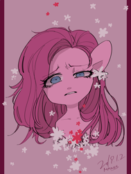 Size: 1300x1720 | Tagged: safe, artist:potetecyu_to, pinkie pie, earth pony, pony, g4, flower, flower in hair, pinkamena diane pie, sad, solo