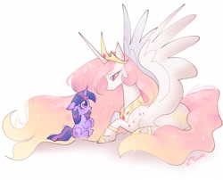 Size: 2048x1651 | Tagged: safe, artist:petaltwinkle, princess celestia, twilight sparkle, alicorn, unicorn, g4, alternate design, alternate hair color, alternate hairstyle, alternate mane color, alternate tail color, crown, duo, female, filly, filly twilight sparkle, floppy ears, hooves together, horn, jewelry, looking at each other, looking at someone, momlestia, open mouth, peytral, regalia, simple background, sitting, smiling, spread wings, unicorn twilight, white background, wings, younger