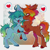 Size: 1919x1919 | Tagged: safe, artist:bwolfalien, oc, oc only, oc:daniel, oc:lynx, earth pony, pony, unicorn, duo, heart, holding hooves, horn, one eye closed, open mouth, open smile, passepartout, pictogram, rearing, smiling, unshorn fetlocks