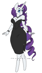 Size: 597x1013 | Tagged: safe, artist:vautaryt, rarity, unicorn, anthro, unguligrade anthro, g4, big breasts, black dress, breasts, cleavage, clothes, dress, female, horn, simple background, smiling, solo, transparent background