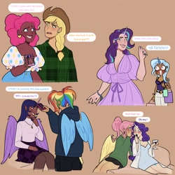 Size: 2048x2048 | Tagged: safe, artist:timelessclownry, applejack, fluttershy, pinkie pie, rainbow dash, rarity, starlight glimmer, trixie, twilight sparkle, alicorn, human, pegasus, g4, bag, belt, blushing, bracelet, braid, cellphone, clothes, cowboy hat, dark skin, dress, ear piercing, earring, female, flannel, glass, hat, hoodie, humanized, jewelry, light skin, mane six, necklace, open mouth, painted nails, phone, piercing, ponytail, shopping bag, sitting, smartphone, smiling, speech bubble, standing, stetson, tank top, turtleneck, twilight sparkle (alicorn), wine glass