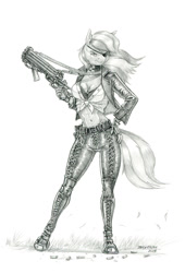 Size: 917x1350 | Tagged: safe, artist:baron engel, cheerilee, earth pony, anthro, g4, breasts, cleavage, eyepatch, fallout, female, gun, midriff, pencil drawing, simple background, solo, story included, traditional art, weapon, white background