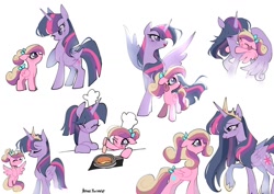 Size: 1199x848 | Tagged: safe, artist:petaltwinkle, princess cadance, twilight sparkle, alicorn, pegasus, pony, g4, age swap, bow, chef's hat, crown, cute, duo, eyes closed, fake horn, female, filly, filly cadance, foal, folded wings, food, hair bow, hat, height difference, hoof on chest, hoof shoes, horn, hug, jewelry, mare, older, older twilight, older twilight sparkle (alicorn), one eye closed, open mouth, pancakes, pegasus cadance, peytral, ponytail, princess twilight 2.0, raised hoof, regalia, role reversal, simple background, smiling, spatula, spread wings, standing, tail, tail bow, tongue out, twilight sparkle (alicorn), white background, wings, wink, younger