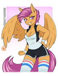 Size: 1890x2490 | Tagged: safe, artist:ambris, scootaloo, pegasus, anthro, g4, 2019, adorasexy, blushing, breasts, busty scootaloo, cleavage, clothes, confident, cute, digital art, ear piercing, eyebrow piercing, eyeshadow, female, hand on hip, high socks, legs, looking at you, makeup, old art, older, older scootaloo, open clothes, open shirt, patreon, patreon logo, piercing, reasonably sized breasts, sexy, shirt, shorts, smiling, socks, solo, sports shorts, sweatband, tail, tank top, thigh highs, thighs, tomboy, vest, wings, wristband, zettai ryouiki