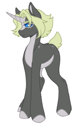 Size: 673x1000 | Tagged: safe, artist:kazmuun, oc, oc only, oc:venom feather, pony, unicorn, adult blank flank, bangs, blaze (coat marking), blue eyelashes, blue eyes, coat markings, colored, colored belly, colored eyebrows, colored eyelashes, colored hooves, colored horn, colored lineart, colored pinnae, commission, facial markings, female, female oc, flat colors, frown, gray hooves, green mane, green tail, hooves, horn, mare, mare oc, narrowed eyes, no pupils, pale belly, profile, short mane, short tail, sidebangs, signature, simple background, solo, standing, tail, transparent background, unicorn horn, unicorn oc