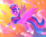 Size: 2048x1654 | Tagged: safe, artist:petaltwinkle, twilight sparkle, alicorn, g4, cloud, colorful, crown, female, flying, heart, heart eyes, hoof shoes, horn, jewelry, mare, outdoors, regalia, smiling, solo, sparkles, spread wings, sunset, twilight sparkle (alicorn), wingding eyes, wings