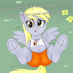 Size: 4000x4000 | Tagged: safe, artist:anonymousandrei, derpibooru exclusive, derpy hooves, pegasus, pony, g4, belly, belly button, bubble butt, butt, chest fluff, clothes, confused, female, frog (hoof), hoofbutt, hooters, hooves, hooves in air, i forgor, intentional spelling error, looking at you, looking up, looking up at you, mare, on ground, plot, shorts, solo, spread legs, spreading, talking to viewer, tank top, underhoof