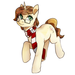 Size: 2000x2000 | Tagged: safe, artist:erein, oc, oc only, oc:shinary, crystal pony, pony, unicorn, brown mane, clothes, crystal pony oc, glasses, green eyes, horn, male, scarf, simple background, striped scarf, transparent background, unicorn oc, winter outfit