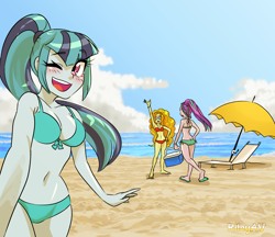 Size: 2292x1982 | Tagged: safe, artist:rileyav, artist:rileyav-moving, adagio dazzle, aria blaze, sonata dusk, human, equestria girls, g4, armpits, ass, beach, beach chair, beach umbrella, belly, belly button, bikini, blue swimsuit, blushing, breasts, butt, chair, clothes, cloud, cooler, cute, female, green swimsuit, hand on hip, heel pop, legs together, one eye closed, open mouth, red swimsuit, sand, sandals, selfie, side-tie bikini, sky, sonatabetes, string bikini, sunglasses, swimsuit, the dazzlings, trio, umbrella, water, wink