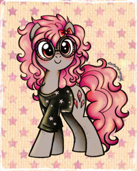 Size: 2329x2897 | Tagged: safe, artist:dariarchangel, oc, oc only, oc:krista pebble, earth pony, pony, g4, adorable face, black clothes, black t-shirt, blushing, bow, c:, clothes, curly hair, curly mane, curly tail, cute, cute face, cute smile, earth pony oc, female, female oc, freckles, glasses, gray coat, hair accessory, hair bow, hoof freckles, leg freckles, looking at you, mare, mare oc, ocbetes, patterned background, pink hair, pink mane, pink tail, pony oc, red eyes, round glasses, shirt, smiling, solo, standing, stars, t-shirt, tail, too cute, traditional art