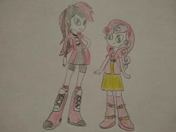 Size: 1040x780 | Tagged: safe, artist:arrowsweetie, sweetie belle, oc, oc:red arrow, human, equestria girls, g4, boots, clothes, cute, diasweetes, duo, hand on hip, looking at each other, looking at someone, shoes, smiling, smiling at each other