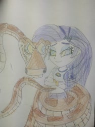 Size: 780x1040 | Tagged: safe, artist:warioman69, rarity, human, snake, equestria girls, g4, belly button tickle, camp everfree outfits, coils, crossed arms, cute, duo, eyeshadow, female, hypno eyes, hypnority, hypnosis, hypnotized, kaa, kaa eyes, looking at each other, looking at someone, makeup, male, outfit, raribetes, smiling, smiling at each other, smirk