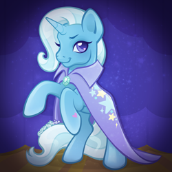 Size: 2400x2400 | Tagged: safe, artist:sparkytopia, trixie, pony, unicorn, g4, cape, clothes, eyebrows, female, horn, looking at you, mare, rearing, signature, solo, trixie's cape