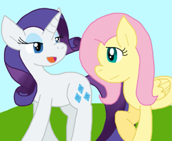 Size: 987x805 | Tagged: safe, artist:cmara, fluttershy, rarity, pegasus, unicorn, g4, duo, duo female, female, horn, outdoors, wings