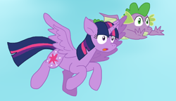 Size: 1700x981 | Tagged: safe, artist:cmara, spike, twilight sparkle, alicorn, dragon, pony, g4, :o, female, flying, horn, male, mare, open mouth, outdoors, twilight sparkle (alicorn), winged spike, wings