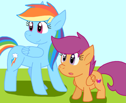 Size: 1097x894 | Tagged: safe, artist:cmara, rainbow dash, scootaloo, pegasus, pony, g4, duo, duo female, female, filly, foal, mare, outdoors, scootalove, siblings, sisters, wings