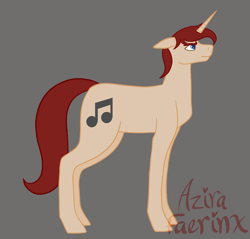 Size: 1028x984 | Tagged: safe, artist:azira faerinx, oc, oc only, unicorn, g4, gray background, horn, long tail, male, music notes, red mane, serious, serious face, short mane, side view, simple background, solo, stallion, tail, tan coat, unicorn oc