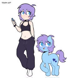 Size: 1821x2048 | Tagged: safe, alternate version, artist:eltrash_art6, oc, oc only, earth pony, human, pony, belly, belly button, bra, cellphone, clothes, crop top bra, cute, female, humanized, humanized oc, mare, midriff, no catchlights, open mouth, pants, phone, simple background, smartphone, socks, solo, sweatpants, underwear, white background