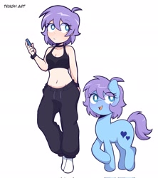 Size: 1821x2048 | Tagged: safe, artist:eltrash_art6, oc, oc only, earth pony, human, pony, belly, belly button, bra, cellphone, clothes, crop top bra, cute, female, human ponidox, humanized, humanized oc, mare, midriff, open mouth, pants, phone, self paradox, self ponidox, simple background, smartphone, socks, solo, sweatpants, underwear, white background