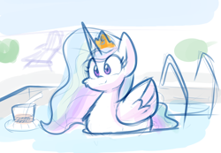 Size: 1250x863 | Tagged: safe, artist:zutcha, princess celestia, alicorn, pony, g4, behaving like a bird, behaving like a duck, cheek fluff, cute, cutelestia, drink, ducklestia, female, mare, pegaduck, smiling, solo, swanlestia, swimming pool