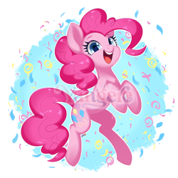 Size: 4000x4000 | Tagged: safe, artist:yangere, pinkie pie, earth pony, pony, g4, confetti, female, full body, happy, jumping, looking at you, mare, obtrusive watermark, open mouth, open smile, smiling, smiling at you, solo, watermark