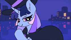 Size: 1366x768 | Tagged: safe, artist:tamers12345, oc, oc:flawless sparklemoon, pony, unicorn, my little pony the movie - shattered harmony, female, fusion, fusion:trixie, fusion:twilight sparkle, fusion:twixie, hat, horn, looking at you, mare, questionable source, raised hoof, smiling, smug