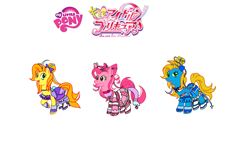 Size: 1920x1080 | Tagged: safe, artist:omegaridersangou, bumblesweet (g3), paradise palms, strawberry reef, pegasus, pony, unicorn, g3, g4, clothes, cosplay, costume, cure idol, cure kyunkyun, cure winks, female, g3 to g4, generation leap, horn, kimi to idol precure, precure, pretty cure, race swap, simple background, together, white background