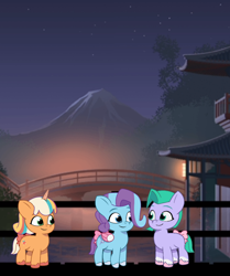 Size: 954x1141 | Tagged: safe, artist:caseyben887, artist:prixy05, glory (g5), peach fizz, seashell (g5), earth pony, pegasus, pony, unicorn, g5, my little pony: tell your tale, bow, bridge, coat markings, female, fence, filly, foal, grin, horn, house, lamp, lantern, looking at each other, looking at someone, mountain, night, outdoors, pippsqueak trio, pippsqueaks, river, shadow fight 2, sky, smiling, smiling at each other, socks (coat markings), stars, tail, tail bow, tree, trio, water, wings