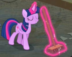 Size: 483x380 | Tagged: safe, screencap, twilight sparkle, alicorn, g4, my little pony: friendship is magic, the saddle row review, broom, cropped, glowing, glowing horn, horn, magic, solo, sweeping, sweepsweepsweep, telekinesis, twilight sparkle (alicorn), twilight sweeple