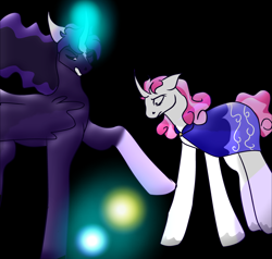 Size: 3962x3776 | Tagged: source needed, safe, artist:earth.loser, star swirl the bearded, alicorn, unicorn, comic:friendship is pointless, g4, black sclera, cloak, clothes, flowing mane, glowing, glowing horn, horn, magic, pink mane, pink tail, prophecy, starswirl's mentor, sun, tail, wavy mane