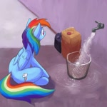 Size: 800x800 | Tagged: safe, artist:rocket-lawnchair, rainbow dash, pegasus, pony, g4, faucet, female, looking at something, mare, rainbow dumb, sitting, solo, trash can, waste basket