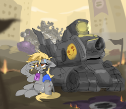 Size: 2300x2000 | Tagged: safe, artist:madiwann, derpy hooves, pegasus, pony, g4, fire, flag, implied starlight glimmer, metal slug, outdoors, tank (vehicle), war