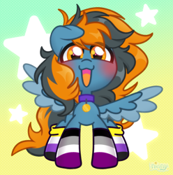 Size: 2231x2246 | Tagged: safe, artist:ninnydraws, oc, oc only, oc:skittle, pegasus, pony, asexual pride flag, chibi, clothes, gradient background, nonbinary pride flag, pegasus oc, pride, pride flag, pride socks, socks, solo, starry background, wings