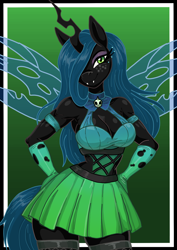 Size: 1240x1754 | Tagged: safe, artist:rekheadz, queen chrysalis, changeling, changeling queen, anthro, g4, bedroom eyes, breasts, busty queen chrysalis, cleavage, clothes, female, freckles, gradient background, green skirt, hair over one eye, hand on hip, skirt, smiling, solo