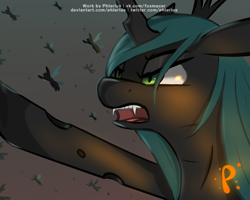 Size: 2500x2000 | Tagged: safe, artist:phlerius, queen chrysalis, changeling, changeling queen, a canterlot wedding, g4, my little pony: friendship is magic, 2020, background changeling, crown, digital art, featured image, female, flying, frown, glare, gray background, jewelry, night, old art, open mouth, pointing, regalia, simple background, solo focus, spread wings, underhoof, wings