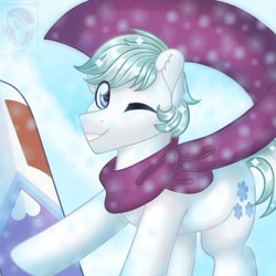 Size: 1000x1000 | Tagged: safe, artist:amitadust, double diamond, earth pony, pony, g4, 2018, clothes, cute, digital art, fanart, hooves, looking at you, male, old art, one eye closed, raised hoof, scarf, smiling, smiling at you, solo, sparkles, stallion, wink, winking at you, winter