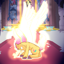 Size: 3840x3840 | Tagged: safe, artist:hate-love12, sunny starscout, alicorn, pony, g5, my little pony: a new generation, artificial horn, artificial wings, augmented, base used, female, glowing, glowing eyes, horn, indoors, magic, magic horn, magic wings, mane stripe sunny, mare, race swap, solo, sunnycorn, unshorn fetlocks, wings