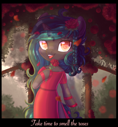 Size: 1854x1990 | Tagged: safe, artist:amitadust, oc, oc only, oc:damask rose, unicorn, semi-anthro, arm hooves, bipedal, commission, flower, garden, horn, looking at you, old art, open mouth, open smile, rose, smiling, smiling at you, solo, ych result